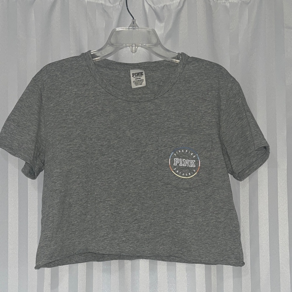 PINK Victoria's Secret Heather Gray Cropped Hem-less Pocket Tee